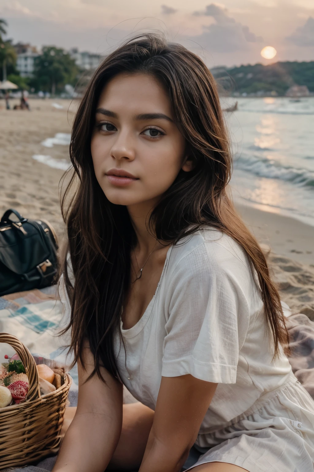(Masterpiece, Top Quality, Best Quality, Beautiful and Aesthetic:1.2), Sunset picnics on the beach, complete with a cozy picnic blanket, a basket full of goodies, in stylish casual dress, 18 years old, Perfect Body, Perfect rare face, (very detailed skin), black colored long hair, Skin texture, Sharp focus on rare face, Perfect brown eyes, (Photorealistic), Film grain, name Samira