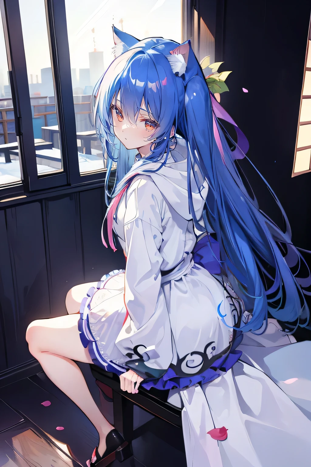 （masterpiece：1.2），Super detailed，lifelike，Expressive eyes，fair skin，perfect face shape，1 girl，
Japanese comics,Gorgeous blue hair,flowing blue hair,flowing clothes,Cat ears,Petals fall,beautiful lola,Baby Angel,
Shaking head with one hand，Cross your legs，Gentle and peaceful background，The pavilion is cool and comfortable,smile, wearing hoodie, background of tokyo,back views,snowing, winter.