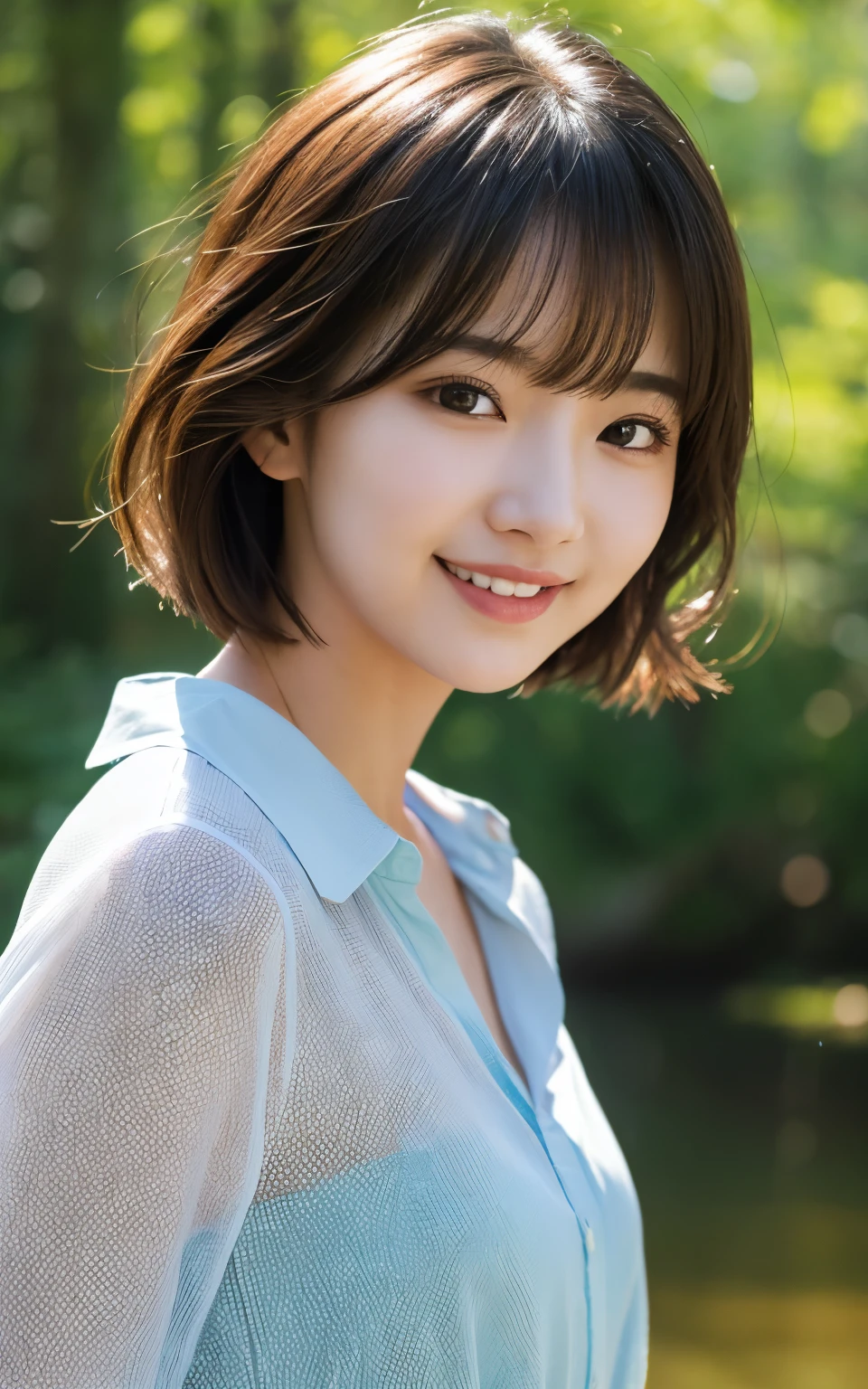 (Realistic:1.4), (Surreal:1.4), (Smooth lighting:1.05), 1 girl, Laugh a little, Pure beauty, 22 years ago, Soft lighting, Backlight, (最high qualityのリアルな肌の質感), Narrow eyes, Very detailedな顔, Glowing Skin, retina, Anatomically correct, Acura, Very detailed, Rough skin, high quality, Advanced Details, 最high quality, High resolution,Morning forest with clear water flowing through it, Short hair swaying in the wind, bangs, blouse