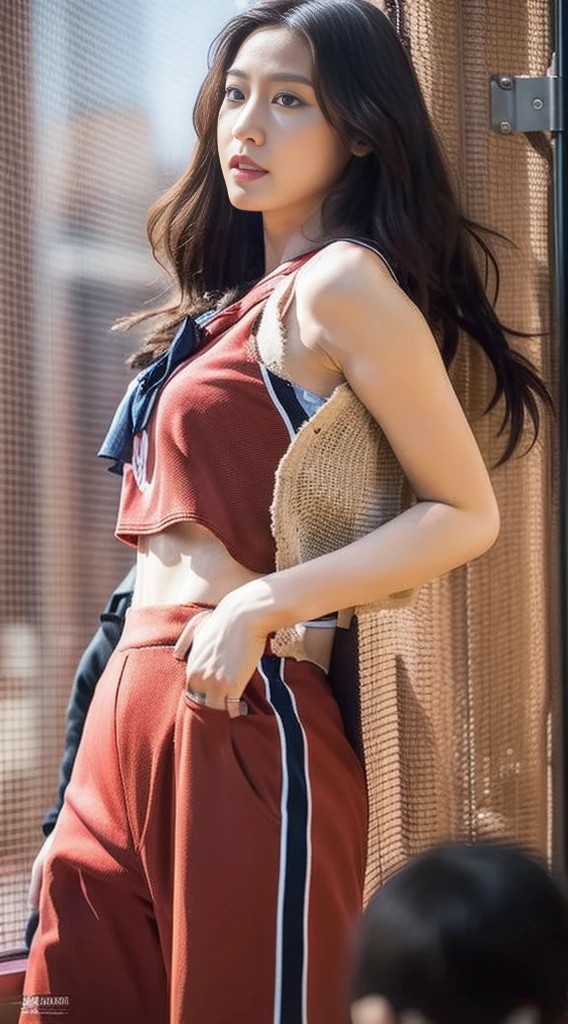 1girl in,basketball,Red uniform, Black_Eyes, Number 10, ball, Jersey, s lips, Shoulder-length hair realistic, solo,Basket Goal、