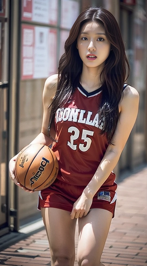 1girl in,basketball,Red uniform, Black_Eyes, Number 10, ball, Jersey, s lips, Shoulder-length hair realistic, solo,Basket Goal、