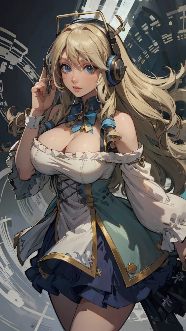 busty readhead smiling when hear music with hedphones and long curly hair, hyper realistic high quality photo quality, with a sound clefs background