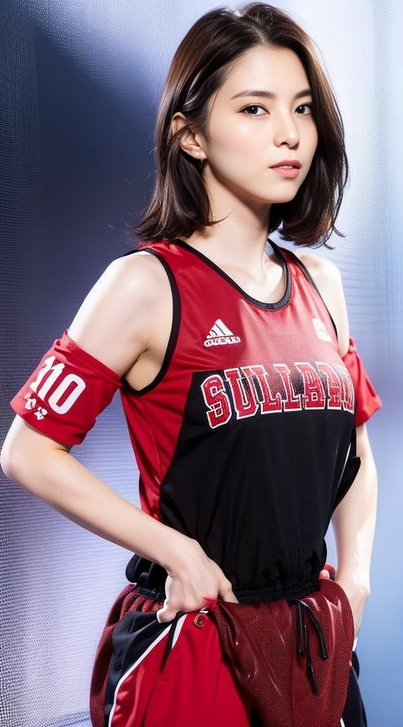 1girl in,basketball,Red uniform, Black_Eyes, Number 10, ball, Jersey, s lips, Shoulder-length hair realistic, solo,Basket Goal、