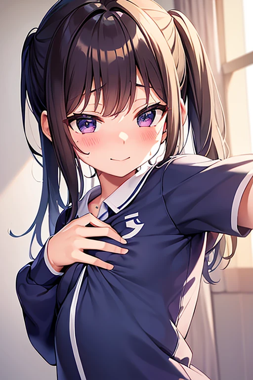 Wearing a soccer uniform with an embroidered logo、Cute girl with small breasts、Sweaty and looking happy、Lying on your back on the bed、Low - Angle、The uniform has an embroidered logo、indoor、Very protruding nipples、Pulling on clothes、The action of grabbing the chest area of one's clothes