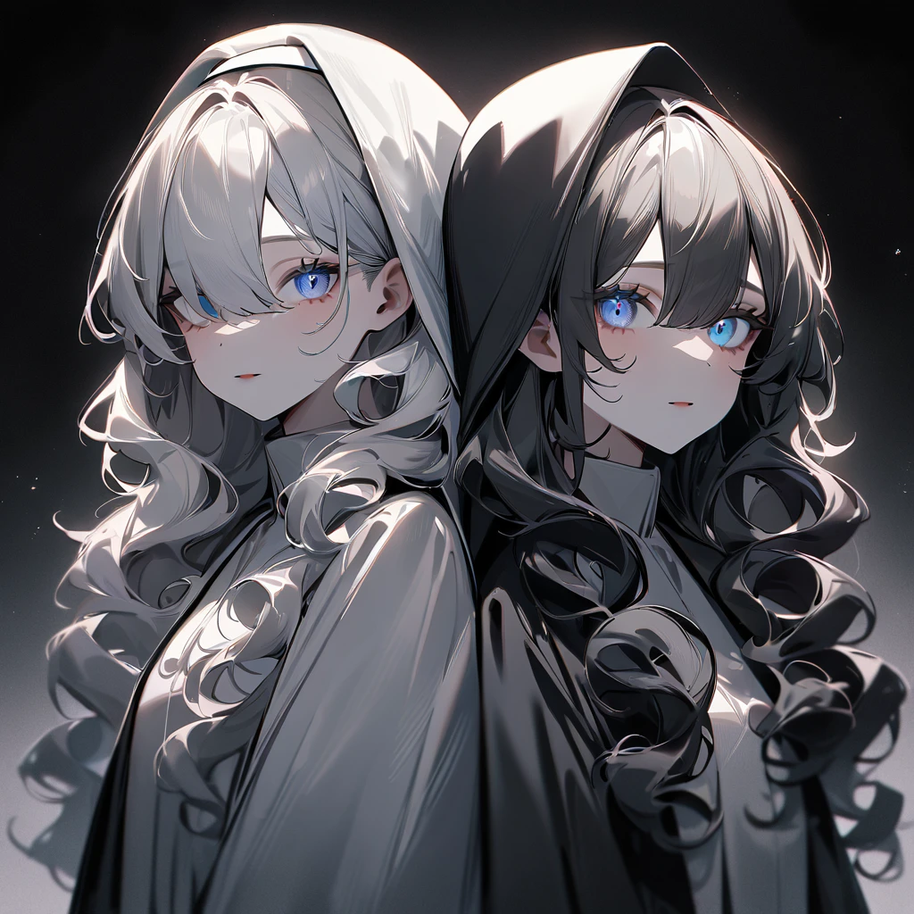 Two Girls,duo,Portraiture,pale colour,masterpiece,highest quality,so beautiful,Absurd,Alternative color,chromatic aberration,Inner hair color, High Contrast, Marble Eyes,human,habit,body,encouragement, Dark,Hair on one eye,Hair between the eyes,Kneel,Darkness and light,Curly Hair