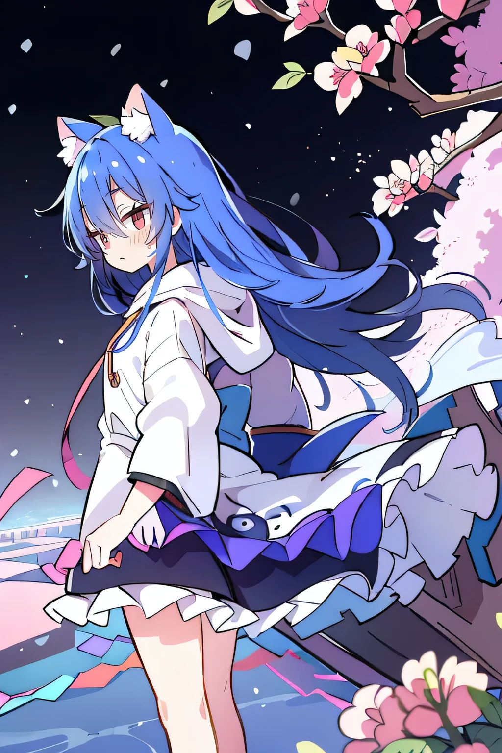 (masterpiece:1.2),Super detailed,lifelike,Expressive eyes,fair skin,perfect face shape,1 girl,
Japanese comics,Gorgeous blue hair,flowing blue hair,flowing clothes,Cat ears,Petals fall,beautiful lola,Baby Angel,
Shaking head with one hand,Cross your legs,Gentle and peaceful background,The pavilion is cool and comfortable,smile, wearing hoodie, background of tokyo,back views,snowing, winter.