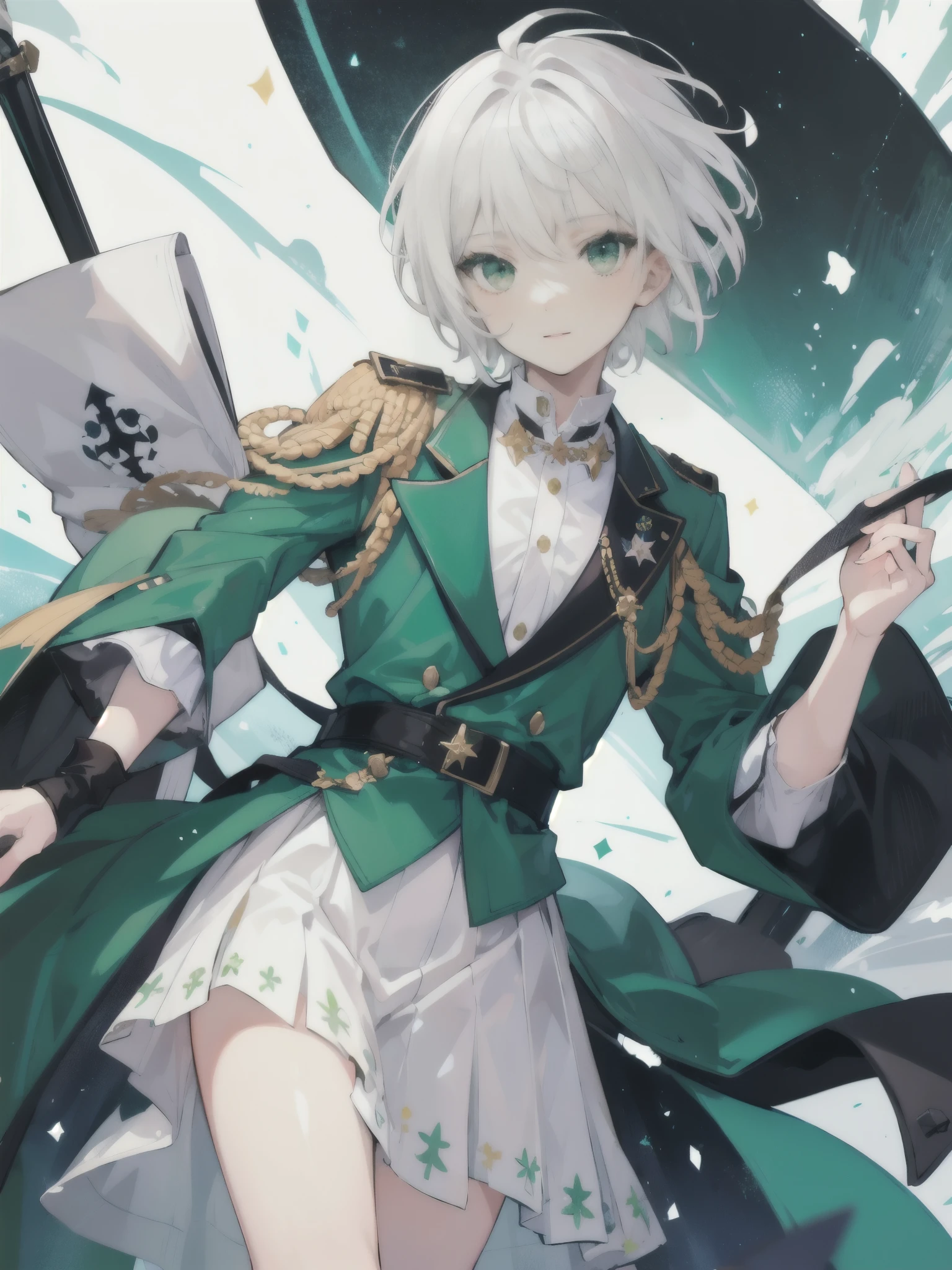 a boy, ((white hair)), male short hair, ((green eyes)), idol costume, dress, double-breasted military jacket