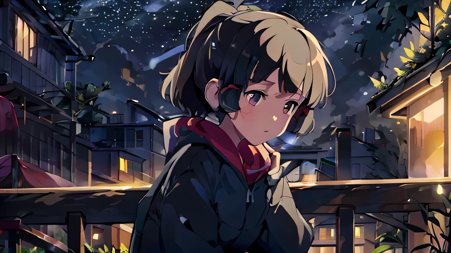 (high-resolution:0.8),(best quality:0.8),anime illustration,portrait,hooded black-haired boy,relaxed expression,dusk scene,veranda,emotional, daily life