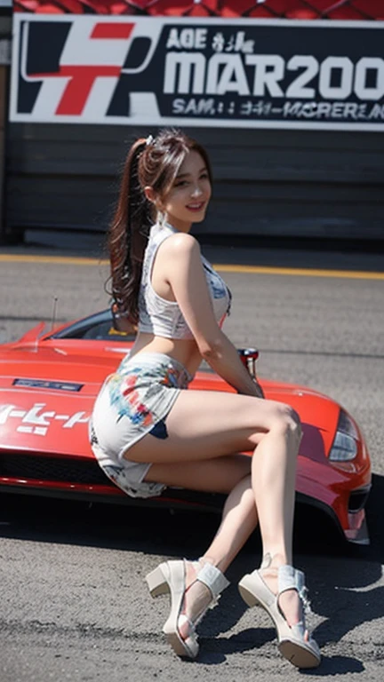 (High resolution 8K),( highest quality), Very detailed, (masterpiece), Realistic, Very detailedなかわいい女の子,( Age 25), (From the whole body to the toes:1.2),(Shooting from the side:1.2),(sitting on the hood of a car),(Race Queen),(Natural pose),(Hair tying pose),(Big Breasts),(Big Ass),(Smiling for the camera),( Smiling while looking at the camera ),(Full Body Shot:1.2) ,((Side shot 1.2)),(ponytail),(photoRealistic:1.3),((Wear a sponsored grid girl costume,Logo is printed)), ((Logo Print Shorts)),(Participate in a motorsport race), (Look at me and smile),