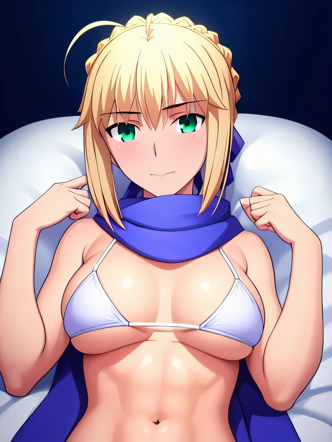 best quality, masterpiece, highres, detailed, detailed_background, ray_tracing_graphic, solo, adult_female, {saber_fatestaynightufotable:1.15}, French_braid, blonde_hair, little_ahoge, detailed_green_eyes, blue_ribbon, 1girl, anime_coloring, happy_face, five_fingers, blush, large_breasts, detailed_white_bikini, blue_scarf, blue_straps, from_the_front, lying, bed, room, looking_at_viewer, oily_face, oily_skin, sixpack_abs, detailed_skin, detailed_face,