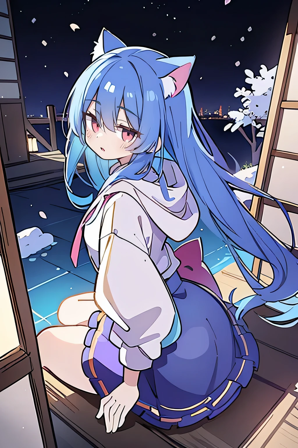 (masterpiece:1.2),Super detailed,lifelike,Expressive eyes,fair skin,perfect face shape,1 girl,
Japanese comics,Gorgeous blue hair,flowing blue hair,flowing clothes,Cat ears,Petals fall,beautiful lola,Baby Angel,
Shaking head with one hand,Cross your legs,Gentle and peaceful background,The pavilion is cool and comfortable,smile, wearing hoodie, background of tokyo,back views,snowing, winter.