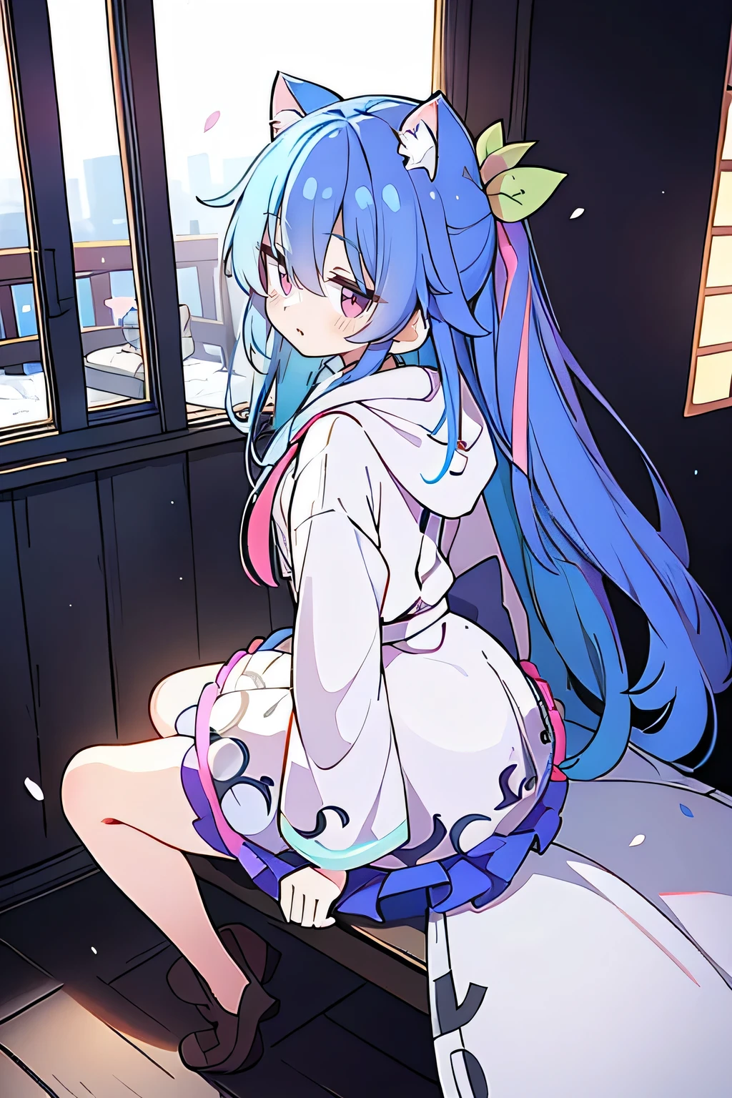 (masterpiece:1.2),Super detailed,lifelike,Expressive eyes,fair skin,perfect face shape,1 girl,
Japanese comics,Gorgeous blue hair,flowing blue hair,flowing clothes,Cat ears,Petals fall,beautiful lola,Baby Angel,
Shaking head with one hand,Cross your legs,Gentle and peaceful background,The pavilion is cool and comfortable,smile, wearing hoodie, background of tokyo,back views,snowing, winter.