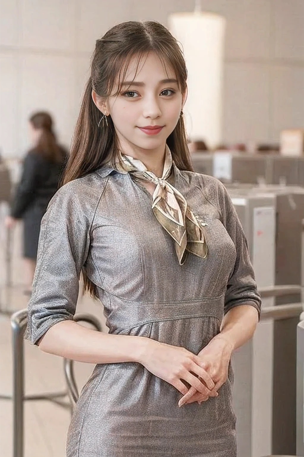 (masterpiece:1.2、highest quality:1.2)、32K HDR、High resolution、(alone、1 girl、Slim figure)、(Realistic style with Starlux Airlines uniform)、 (In the airport lounge, Professional Lighting)、(Starlux Airlines silver uniform:1.4)、(Starlux Airlines silver uniform with short sleeves)、(scarf on chest)、Big Breasts、(Long hair updo、Long hair tied back in a chignon)、Dark brown hair、Long Shot、((Fine hand:2.0))、((Harmonious body proportions:1.5))、((Normal limbs:2.0))、((Normal finger:2.0))、((Delicate eyes:2.0))、((Normal eyes:2.0)))、Beautiful standing posture