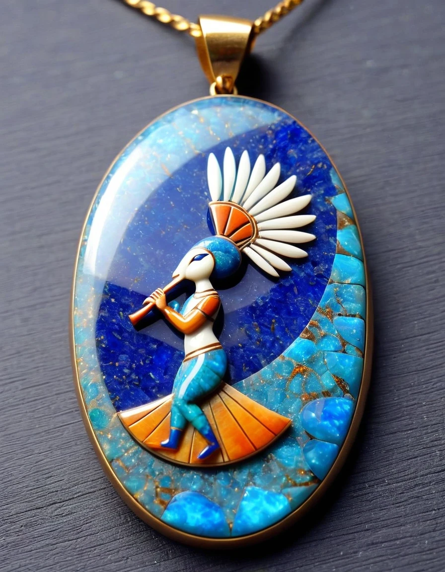 Minimalist pendant design，Kokopelli, the god of rain playing the flute, has an oval opal body.，Indian totem rain god Kokopelli，Indian elements，The matching stones are small amounts of lapis lazuli and turquoise，White Giant Clam，feather，gem，Retro，Old，Soft Light