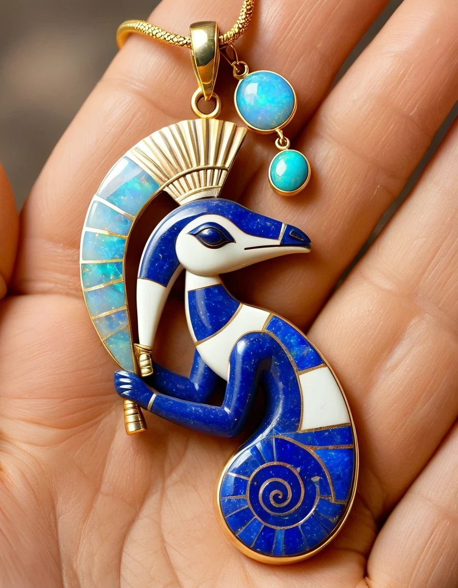 Minimalist pendant design，Kokopelli, the god of rain playing the flute, has an oval opal body.，Indian totem rain god Kokopelli，Indian elements，The matching stones are small amounts of lapis lazuli and turquoise，White Giant Clam，feather，gem，Retro，Old，Soft Light