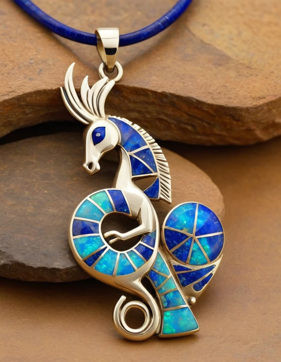 Minimalist pendant design，Kokopelli, the flute-playing rain god, has an opal body，Indian totem rain god Kokopelli，Indian elements，The matching stones are small amounts of lapis lazuli and turquoise，White Giant Clam，gem，Retro，Old，Soft Light