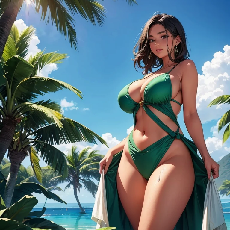 A beautiful girl in swimwear, with large, full breasts that sway gently with each step she takes. Her body is well-proportioned, with a slender waist that accentuates the curves of her bust. The sun gleans off the water, highlighting the details of her swimsuit and the glistening drops of water on her skin. The exquisitely crafted swimwear clings to her body, revealing the perfect contours of her figure. The jade green fabric shines under the sunlight, enhancing the natural beauty of her complexion. Detailed light reflects off her body, creating an ethereal and stunning image. The combination of the stunning backdrop, the beautiful girl, and the intr