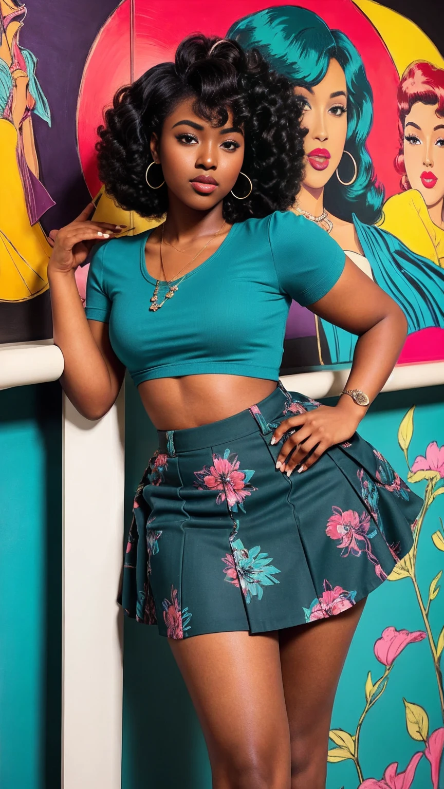 20 years old girl , dark skin, afro hair, vintage, retro pin up style,sexy, , surprised, mini tight skirt, flowing skirt, colorful ,teal color scheme, masterpieces art work, illustrated,