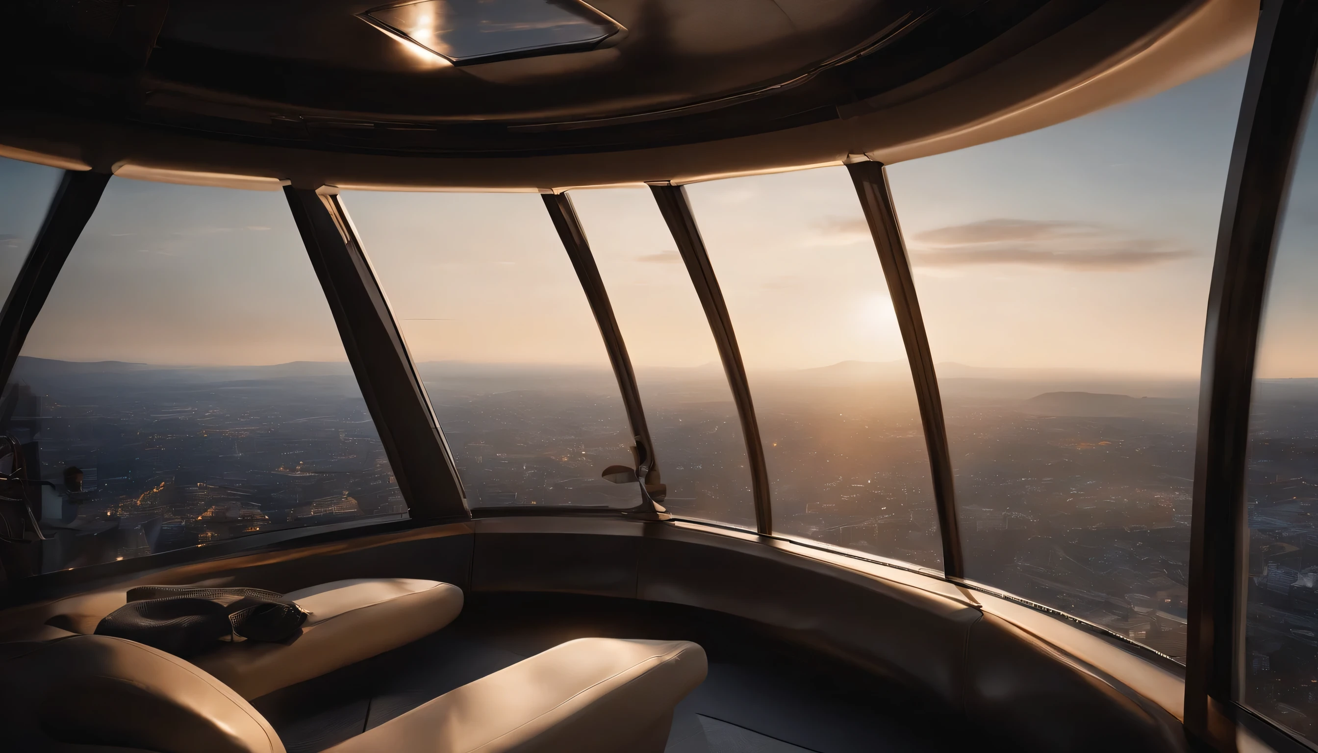 Relaxing in bed on a futuristic airship、Looking down at the view outside through a large window that stretches all the way to the floor。Large window pane on floor、The ceiling and glass windows、It's pitch black in the cockpit、All objects have precise shapes、The object is not blurred、Perfect contours、Perfect photo、Actual Photos、High resolution、delicate、8k、