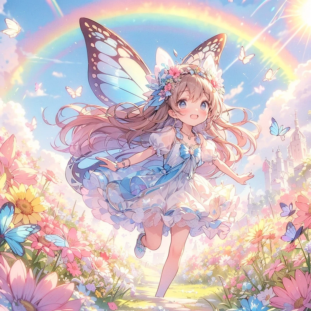 (Exquisite, beautiful, Very detailed, masterpiece, High resolution,high quality,High resolution),(Well-formed face,Soft and thin lines: 1.2, beautiful, Delicate and vivid illustrations with a mature and clear feel) ,(蝶のような妖精の羽を持ったお姫様が大きな虹と太陽とbeautiful青空の下にある花畑で摘んだ花を抱えている), ((Ultra Wide Shot, Ultra-wide angle of view,whole body)) ((fun, looks fun,smile,Full of energy)), (corolla, Earrings, beautifulチョーカー,), ((pastel colourのボールガウンドレス, Balloon Sleeve,Fairy wings from the back)), (Deep pink cheeks、Plump pink lips,Big Bus, Fair skin, Good style), (Light of the sun, pastel colour, Bright atmosphere, colorful, Bright colors,Fantasy),