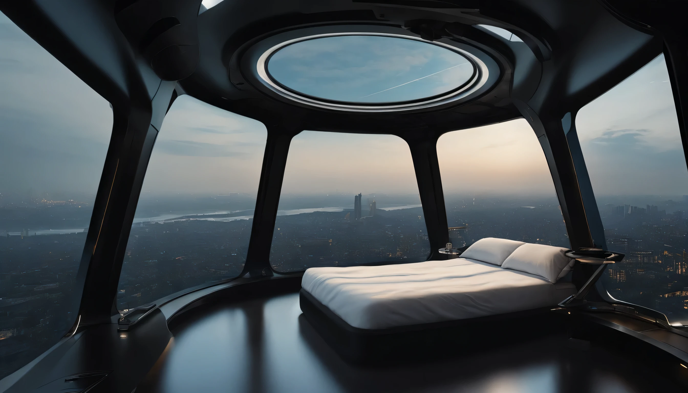 Relaxing in bed on a futuristic airship、Looking down at the view outside through a large window that stretches all the way to the floor。Large window pane on floor、The ceiling and glass windows、It's pitch black in the cockpit、All objects have precise shapes、The object is not blurred、Perfect contours、Perfect photo、Actual Photos、High resolution、delicate、8k、