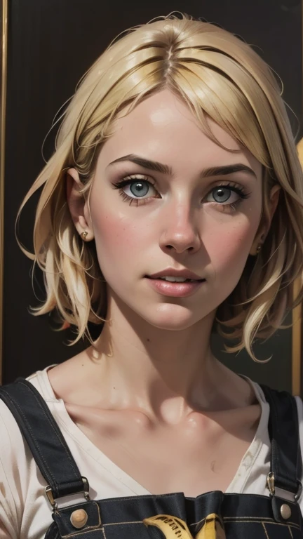 {{{highest quality}}}, {{Very detailed}}, {{Very delicate and beautiful}}, (highest quality, In 8K, 32k, )、realistic oil painting 、Girl wearing a banana peel、Overalls、Line art、Blonde