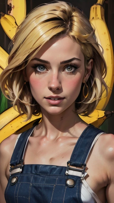 {{{highest quality}}}, {{Very detailed}}, {{Very delicate and beautiful}}, (highest quality, In 8K, 32k, )、realistic oil painting 、Girl wearing a banana peel、Overalls、Line art、Blonde