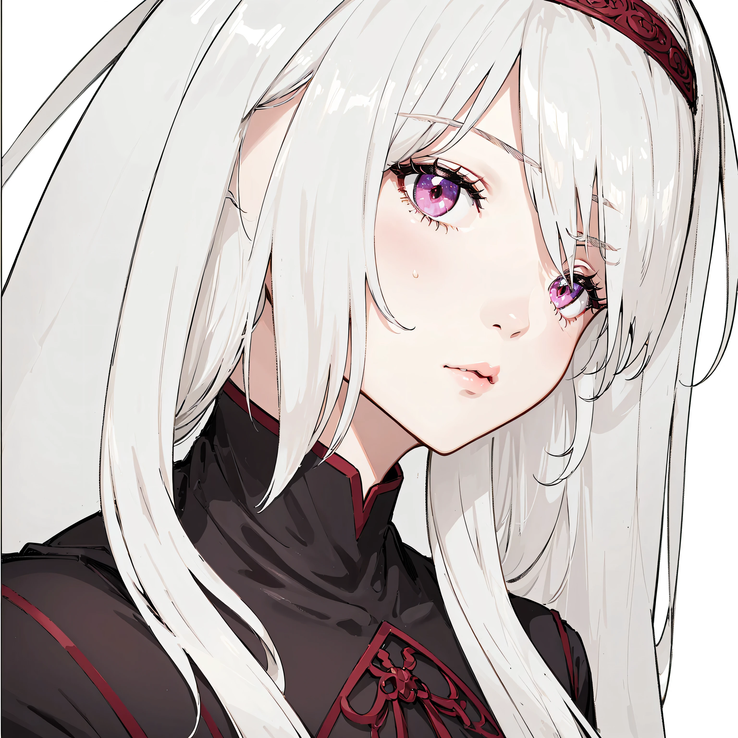 (best quality,4k,8k,highres,masterpiece:1.2), ultra-detailed, (realistic,photorealistic,photo-realistic:1.37), anime girl, white hair, red eyes, beautiful detailed eyes, natural lips, pink lips, extremely detailed eyes and face, pretty look, calm face, cool girl, black dress, crimson bow, crimson headband, silky smooth hair, fair complexion, soft and glowing skin, delicate features, serene expression, elegant posture, graceful movements, vibrant colors, intricate patterns, dynamic lighting, fantasy background, STABLE DIFFUSION.