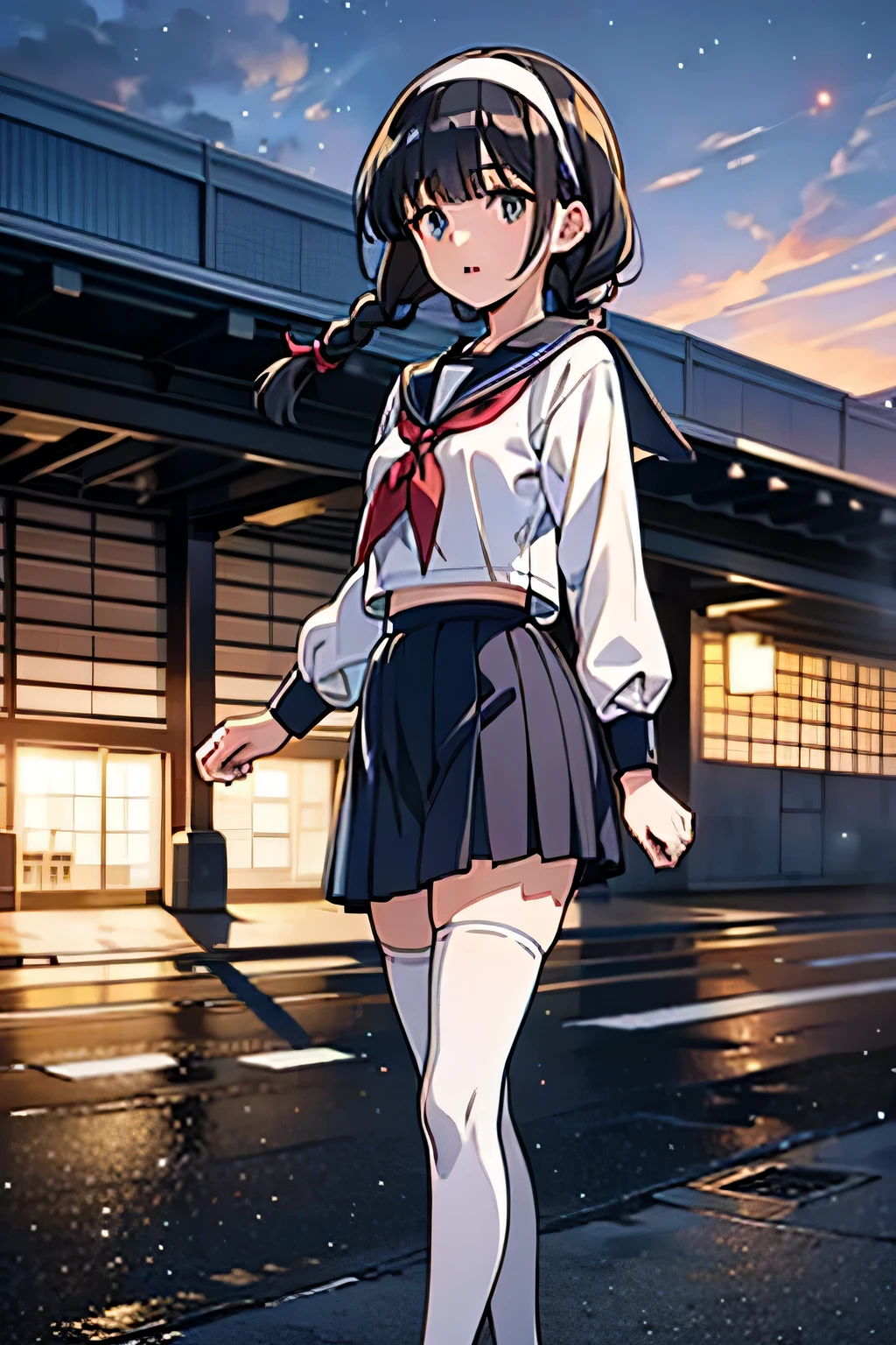 Body 8 times longer than head, (High-definition CG Unity 8K), (highest quality)，(very detailed)，(ultra high resolution), black hair, High school girl wearing a navy sailor suit, anime 2d rendering, realistic young anime , ((white headband)), small breasts, tall, slanted eyes, (school scenery), black stockings, during the day, open your mouth a little, Dark blue skirt, braid hair,  Skip, 