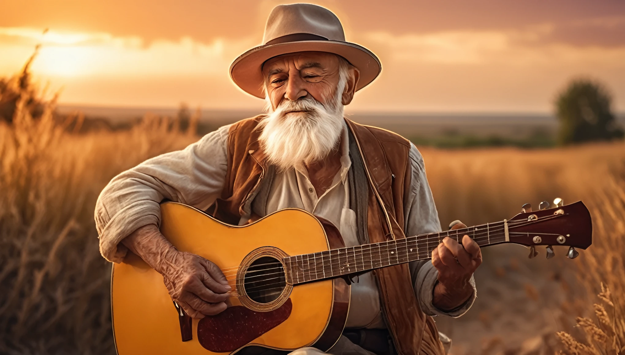 ((best quality)), ((masterpiece)),(detail), perfect face, full body shot of a old man playing guitar, Clear face, clear guitar, romantic style, retro vintage and romanticism, beautiful sunset nature in background, hyper-realistic photos, 8k, ultra high resolution,sharp faces
