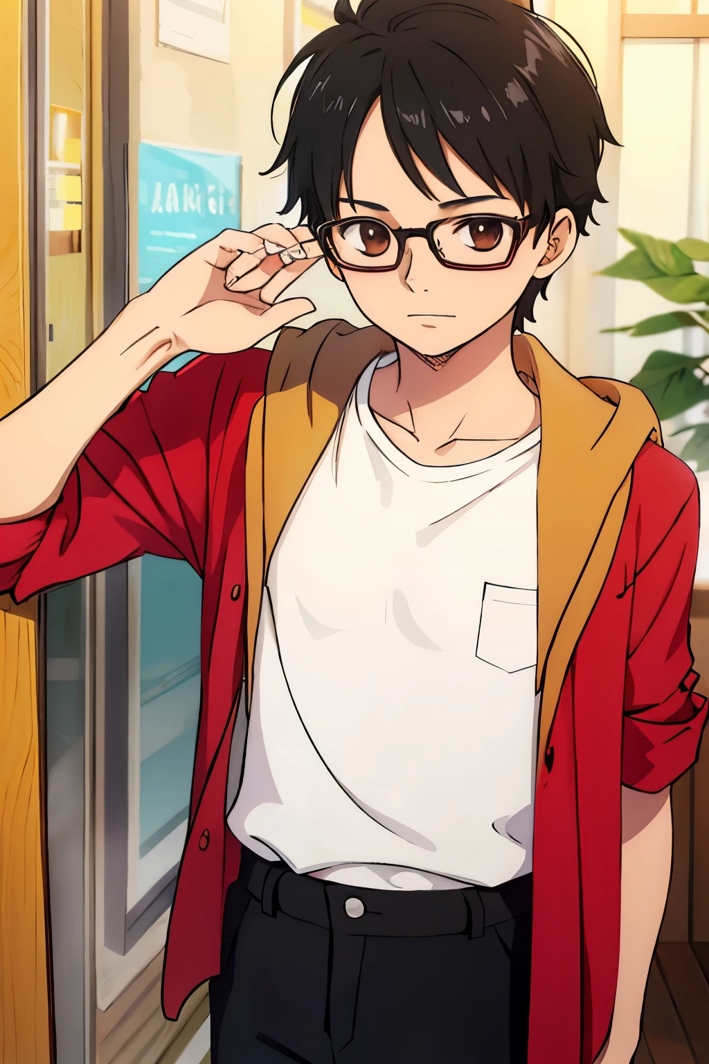 Young boy with short black hair with brown eyes with glasses