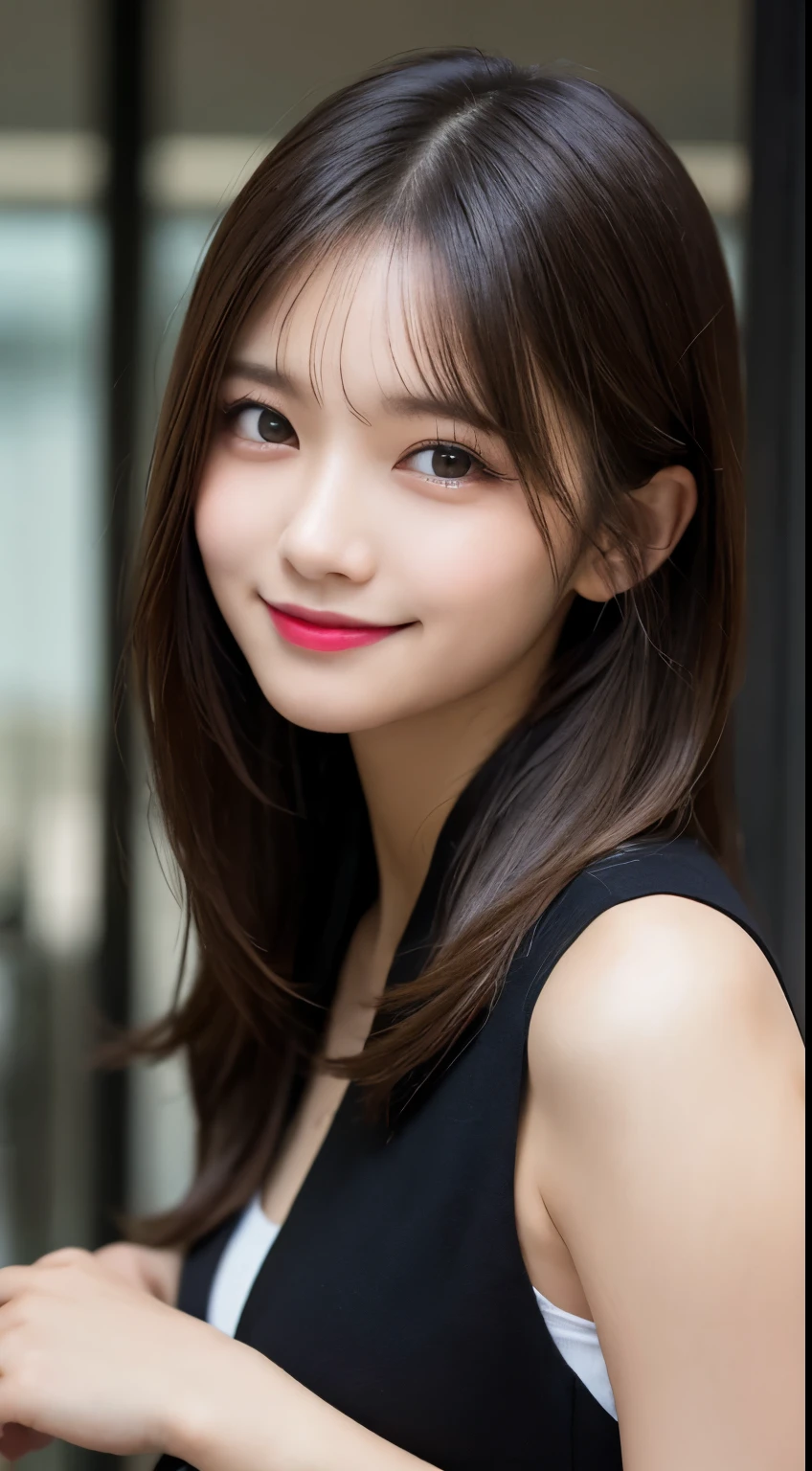Tabletop, highest quality, shape, Very detailed, finely, High resolution, 8k wallpaper, 完璧なダイナミックな構shape, Beautiful and detailed,ランダムなcute髪,,Natural color lip, Bold sexy pose,smile、20-year-old girl、cute、Looking at the camera,Always blur the background,Perfect and beautiful face,Slim face and figure,Big eyes、Putting on gal makeup,Small face,Shooting from below、Smile,Blurred Background,Elegant feminine face、Cyberpunk Fashion、smile、Change pose randomly、Randomly change the shooting angle and position、one person