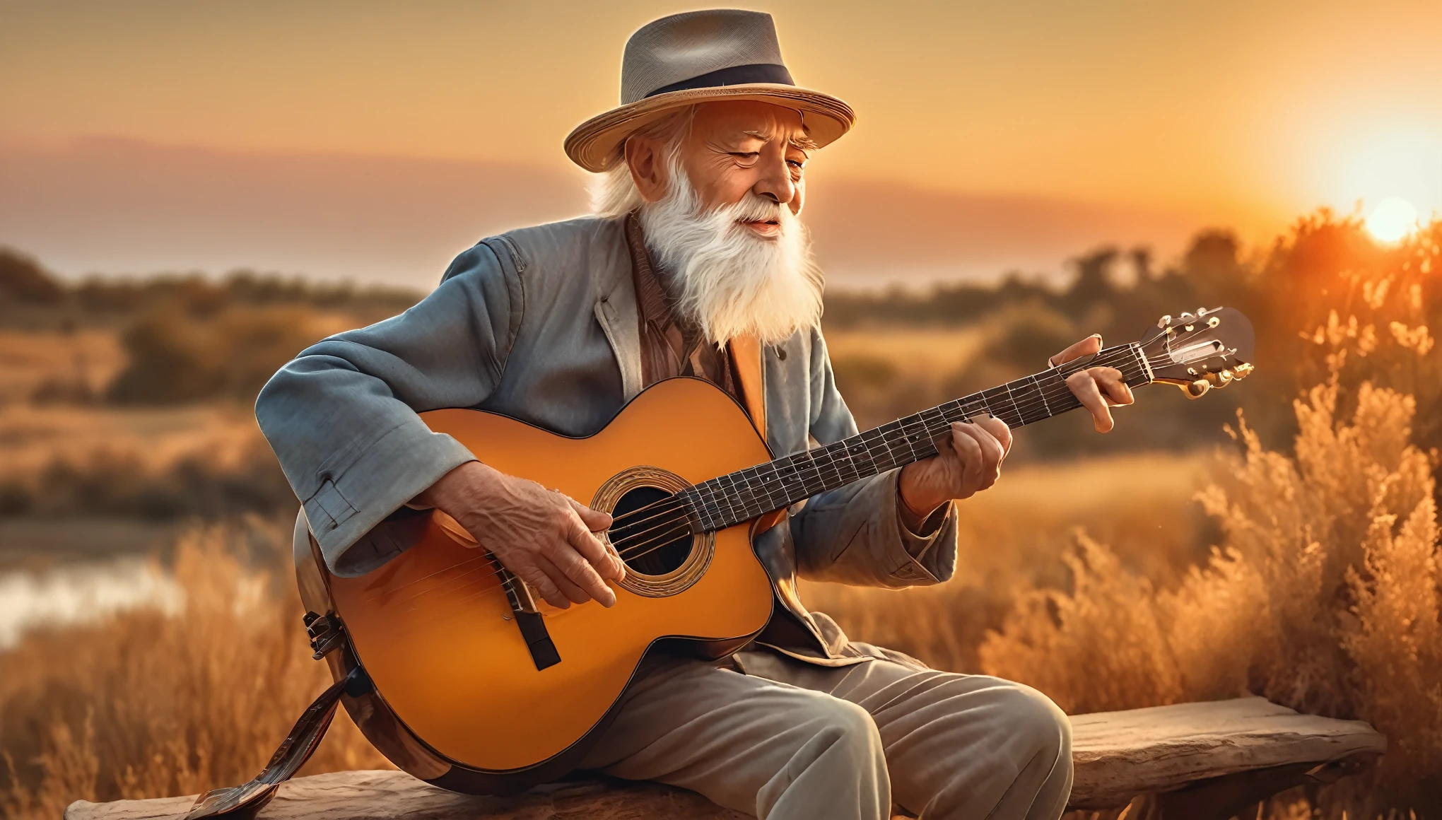 ((best quality)), ((masterpiece)),(detail), perfect face, full body shot of a old man playing guitar, Clear face, clear guitar, romantic style, retro vintage and romanticism, beautiful sunset nature in background, hyper-realistic photos, 8k, ultra high resolution,sharp faces
