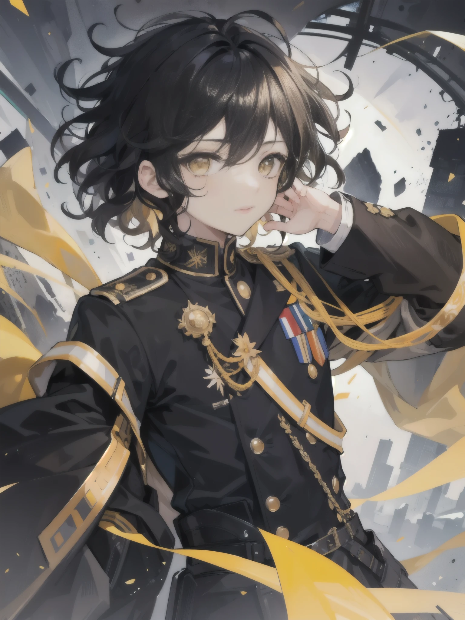 masterpiece, a boy, ((black hair)), wearing a noble military uniform, curly medium hair, messy hair, ((yellow eyes))