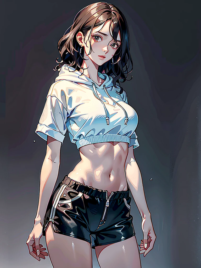 absurdres, RAW photo, extremely delicate and beautiful, masterpiece, Best Quality, ultra high resolution, 32k, hyperrealistic, ultra-detailed, perfect anatomy, anatomically correct, perfect figure, super Detailed skin, 20 years old, very Slim body, narrow waist, very small head, very small face, delicate facial features, detailed face, detailed eyes, tearful mole, earring, thin legs, bare legs, very huge round breasts, short medium hair, ((wavy hair)), wet clothes, tracksuit shorts, Lightweight hoodie, crop top,