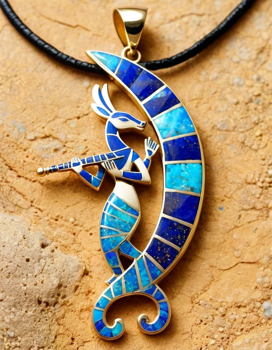 in style of Maximalism , ，Minimalist pendant design，Kokopelli, the flute-playing rain god, has an opal body，Indian totem rain god Kokopelli，Indian elements，The matching stones are small amounts of lapis lazuli and turquoise，White Giant Clam，gem，Retro，Old，Soft Light