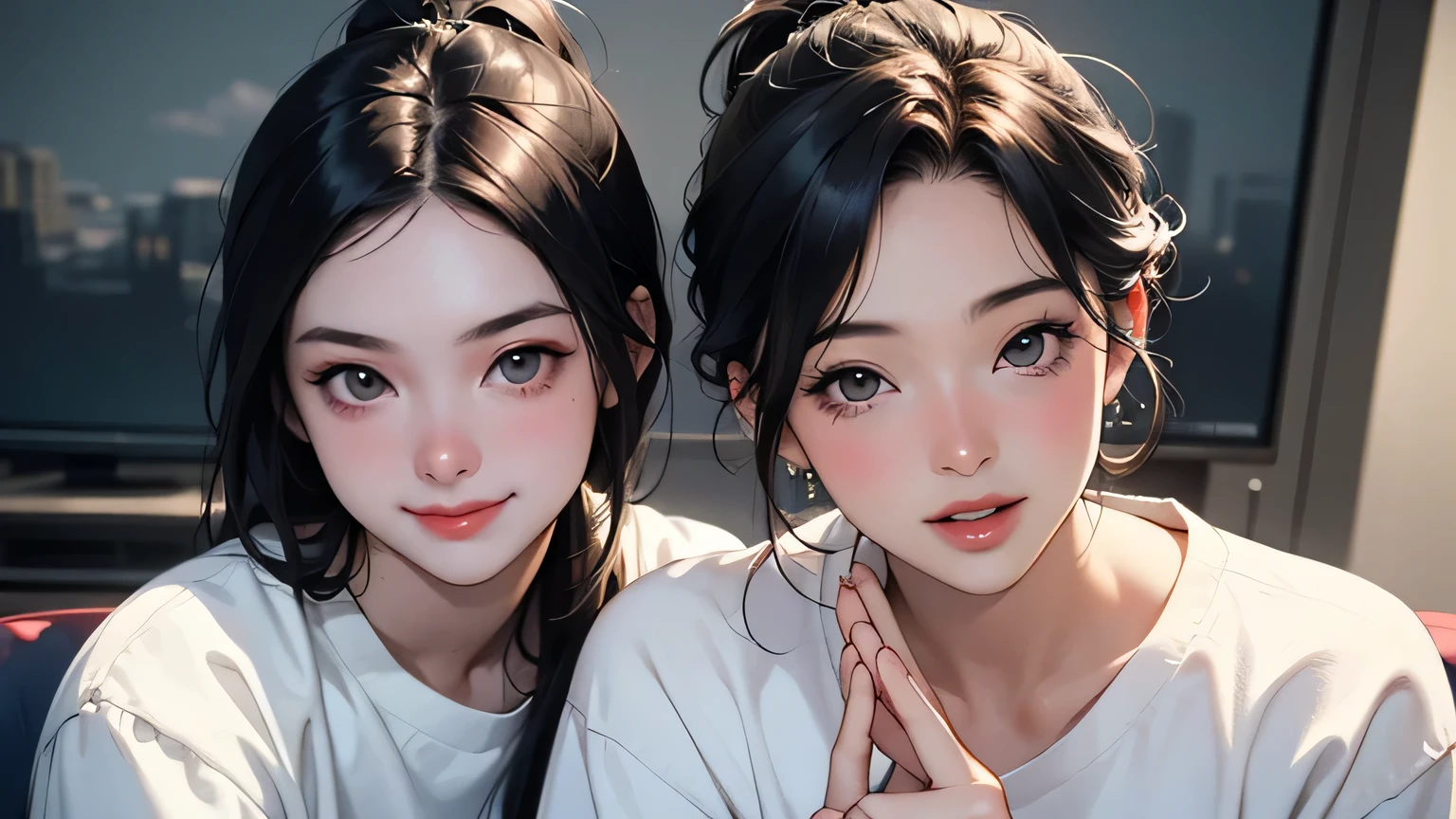 8k, highest quality, super high resolution, Japanese, 2 women, 21 years old: one woman with a short cut and one with a ponytail, holding a microphone, accurately drawn face, singing happily, fashion is T-shirt. Shirt (masterpiece), high resolution, detailed), (Photorealistic: 1.4), (Japanese famous actress: 1.2), very beautiful, cute, professional photo, very delicate and beautiful, very detailed, Very detailed beautiful girl, very detailed face, very detailed eyes, very detailed skin, very detailed fingers, very detailed nose, very detailed mouth, perfect anatomy, realistic Body, fair skin, shiny skin, slender body, good style, line of sight, smile, cute laughing face (black hair,, surreal) ), (illustration), (high resolution), (8k), (very (Details), (Best Illustration), (Beautiful Big Eyes), (Best Quality), (Super Detail), (Masterpiece) Two girls are sitting next to each other, each holding a microphone and singing karaoke. Both are very cute, two types, anatomically correct, perfect proportions, precise fingers, close and intertwined fingers, sitting on the sofa in the karaoke box, masterpiece, high quality,