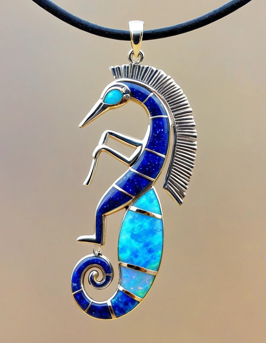 Minimalist pendant design，The body of Kokopelli, the flute-playing rain god, is an oval opal stone.，Indian totem rain god Kokopelli，Indian elements，The matching stones are small amounts of lapis lazuli and turquoise，White Giant Clam，feather，gem，Retro，Old，Soft Light