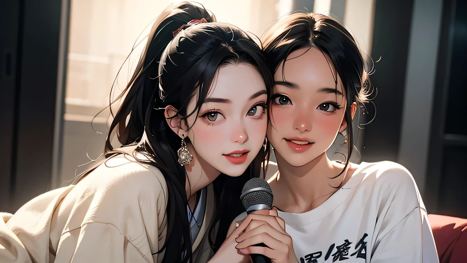 8k, highest quality, super high resolution, Japanese, 2 women, 21 years old: one woman with a short cut and one with a ponytail, holding a microphone, accurately drawn face, singing happily, fashion is T-shirt. Shirt (masterpiece), high resolution, detailed), (Photorealistic: 1.4), (Japanese famous actress: 1.2), very beautiful, cute, professional photo, very delicate and beautiful, very detailed, Very detailed beautiful girl, very detailed face, very detailed eyes, very detailed skin, very detailed fingers, very detailed nose, very detailed mouth, perfect anatomy, realistic Body, fair skin, shiny skin, slender body, good style, line of sight, smile, cute laughing face (black hair,, surreal) ), (illustration), (high resolution), (8k), (very (Details), (Best Illustration), (Beautiful Big Eyes), (Best Quality), (Super Detail), (Masterpiece) Two girls are sitting next to each other, each holding a microphone and singing karaoke. Both are very cute, two types, anatomically correct, perfect proportions, precise fingers, close and intertwined fingers, sitting on the sofa in the karaoke box, masterpiece, high quality,