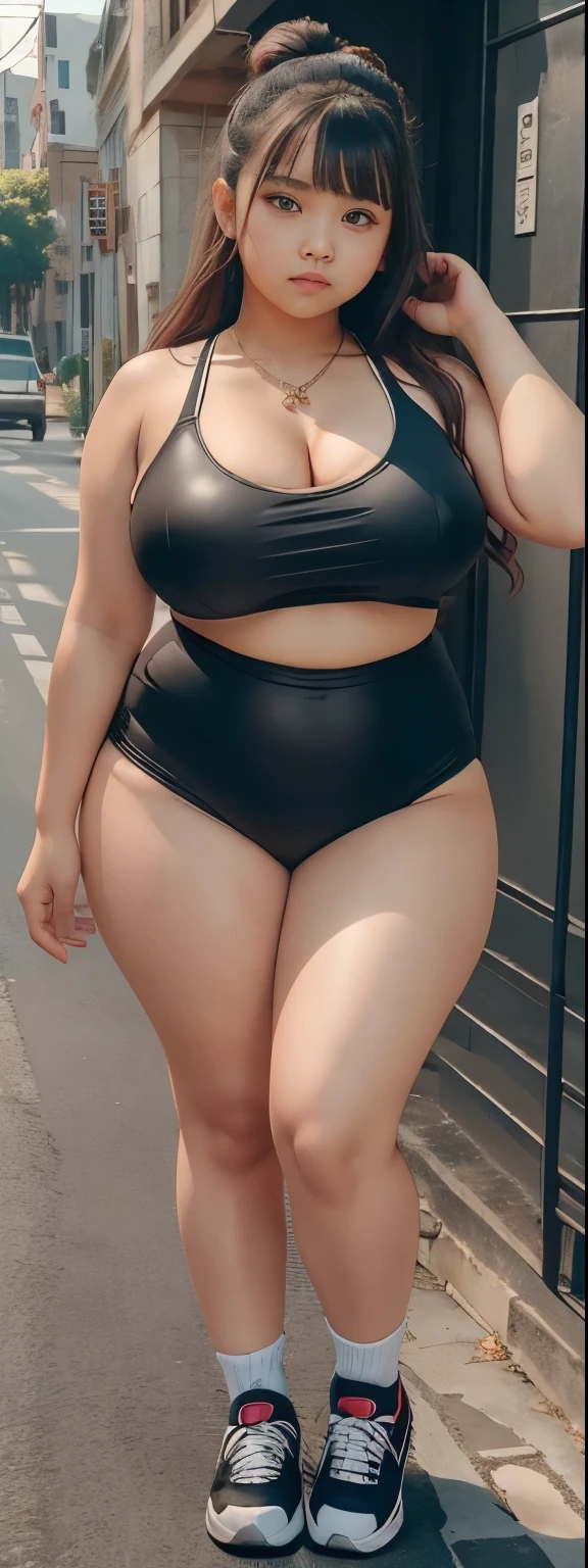 12 year old girl, tubuh chubby , pose acak di ruangan hitam, memakai sneakers warna merah, payudara kecil, paha tebal, , thick arm, hot , , fat belly, long dressed , SFW, , , Wide cleavage, chest, large cleavage , massive thighs