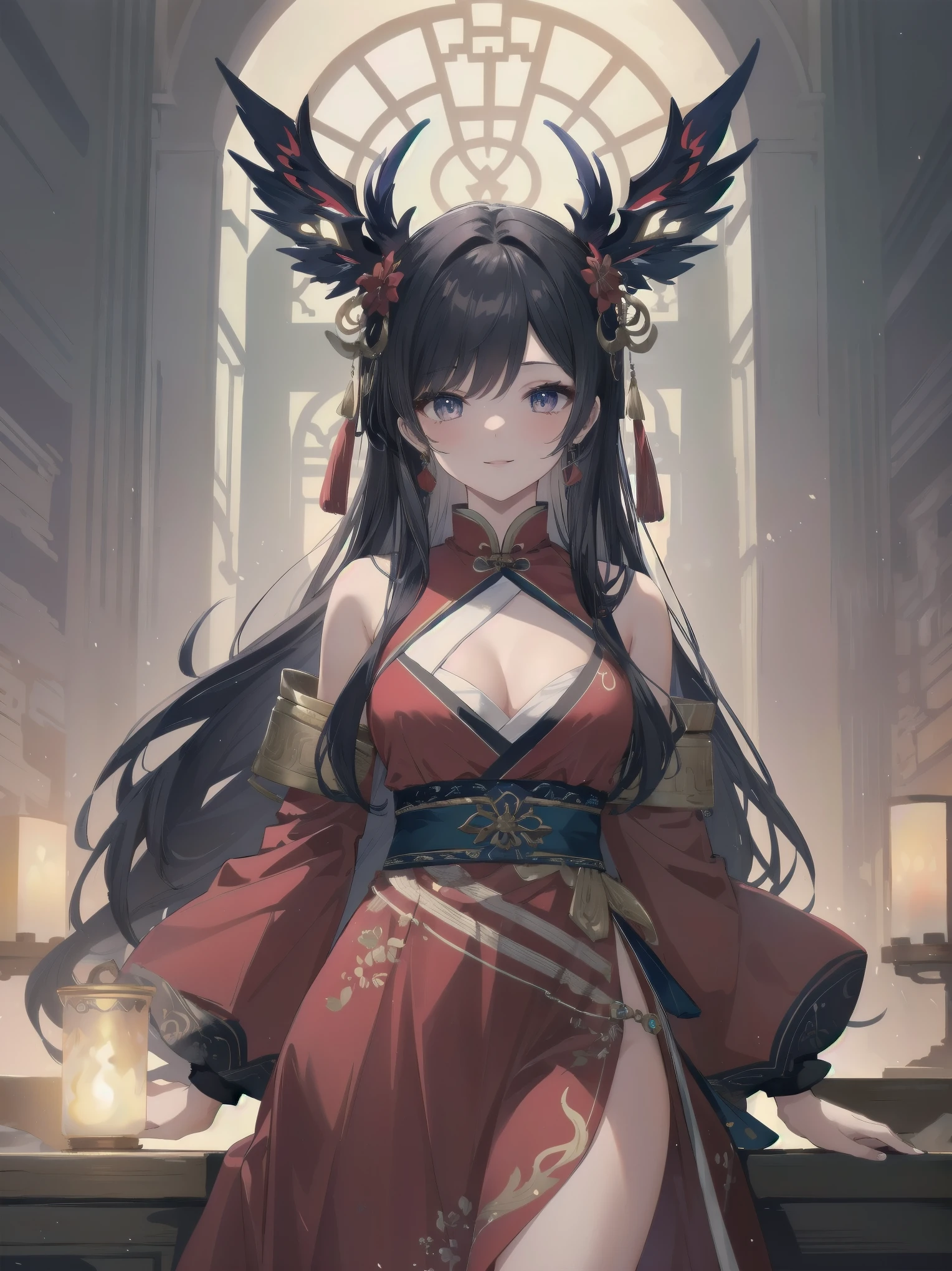 Masterpiece, Top Quality, One Girl, Solo, Arafi girl in red dress, Korean pole arm adorned on back, Unreal Engine render + Goddess incarnate, Korean MMO, Inspired by Lam Qua, Bewitching look 16K, Female character, Smiling girl character,. Warrior costume, Inspired by Li Mei-shu, 16K detail fantasy, 16K character detail