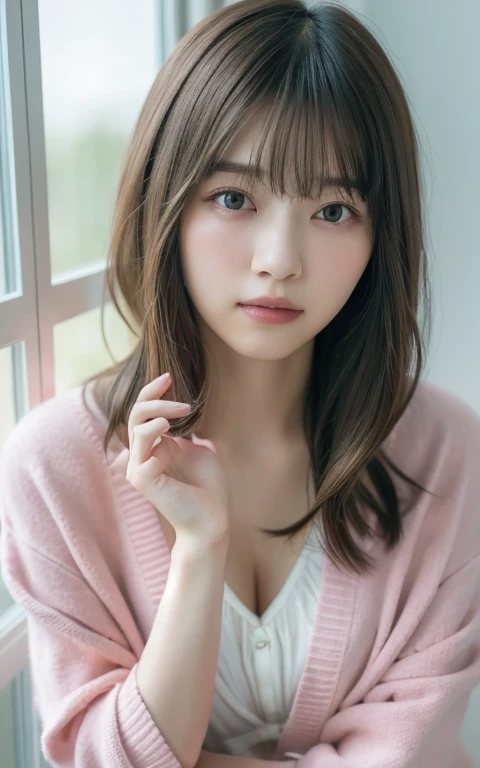 masterpiece, highest quality, 8k, 20th Generation, Large Breasts, cute, alone, sad, cute, Girlish, Delicate girl, Pure beauty, RAW Photos, Professional photography, Portraiture, Soft Light, Professional Lighting, Backlight, Head to Knee, avert your eyes, Sophisticated, Film Grain, (Eyes and facial details:1.0), Short floating hair, Beautiful, flowing hair, bangs, (Loose cardigan(pastel colour、Water color))、(Large Breasts:1.0)、You can see a little cleavage、Micro Mini Skirt、Voluptuous thighs、Dolly Makeup、Odd Eye、The left and right eyes are different々The color of