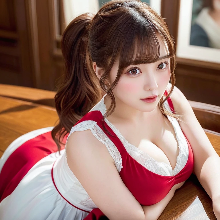 (Masterpiece, best quality), A beautiful girl with ??????????? is depicted, wearing a bright red dress that hugs her curvaceous figure. Her long ponytail flows down her back, cascading over her shoulder. The dress's intricate details are accentuated by the soft, warm lighting that bathes the scene. The girl's face is flawless, with rosy cheeks and expressive eyes that sparkle with life. The image is rendered in photorealistic style with ultra-high resolution and 8K definition, every detail captivating in its perfection. ???????????, Beautiful Girl, Ponytail, Masterpiece, Best Quality, 8K, Photorealistic, Flaw