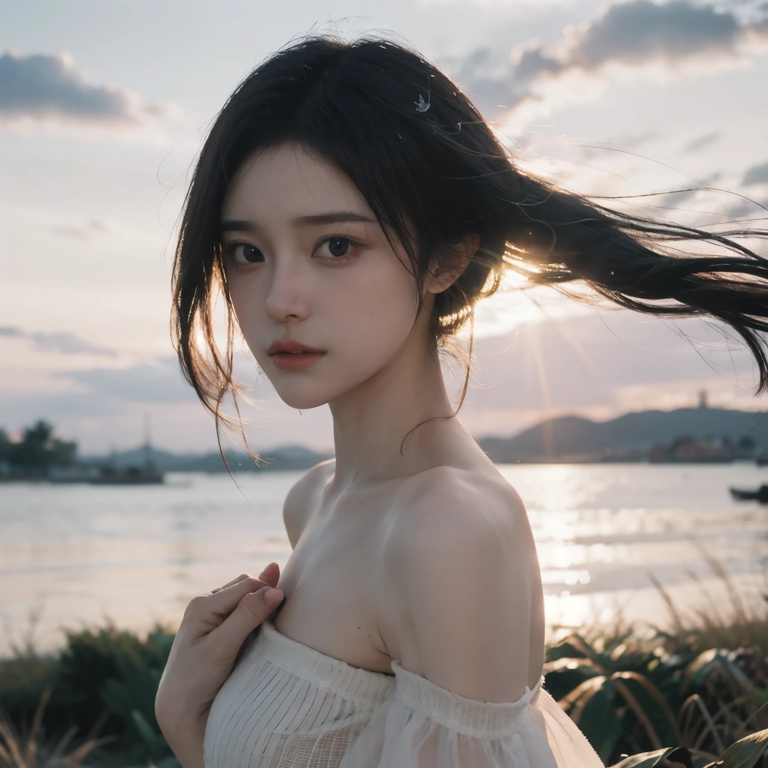 highest quality,masterpiece,Ultra-high resolution,Realistic,RAW Photos,unity 8k wallpaper, Panorama, Cinematic lighting,
On the grass, sunset, Dappled Sunshine, Golden Hour Lighting, Backlight, Blurred Background, (Lens flare), Wind, pastel colour, Soft Light,
1 Girl,Floating short hair, elegant, Upper Body,