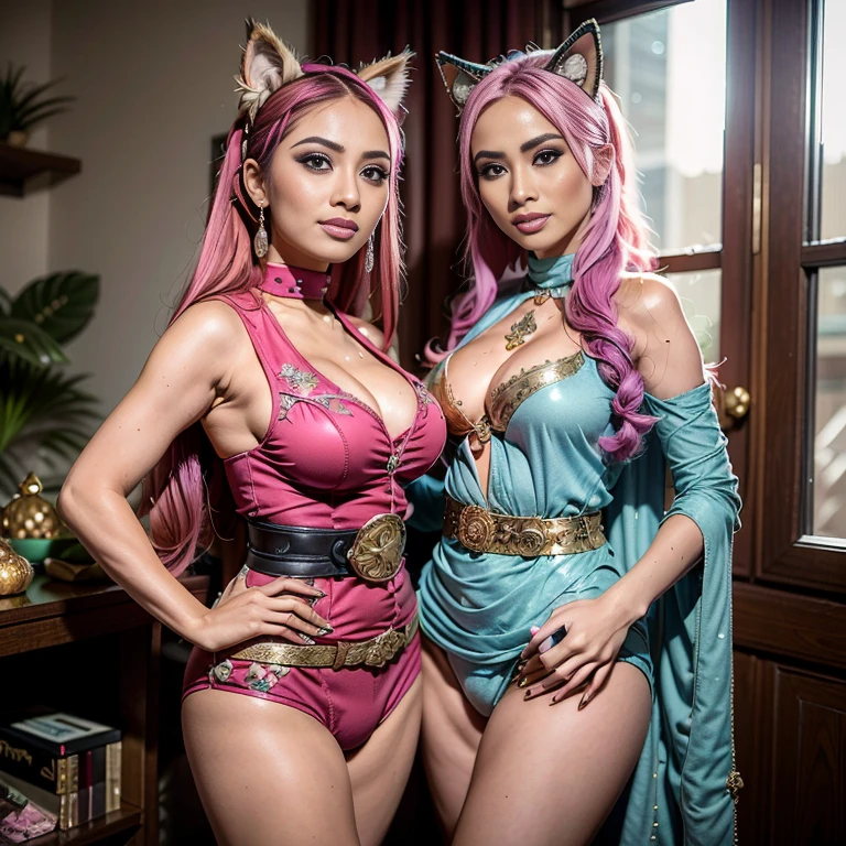 two women in hijabs posing for a picture in a , with beautiful exotic, Malay wrestling woman, mia khalifa, middle eastern skin, alena aenami and lilia alvarado, exotic expression, arabian princess, beautiful sci - fi twins, arab princess, arabian beauty, malaysian, middle eastern, wonderful, exotic costumes, two beautiful anime girls, Malay, Cat ears, Soft lighting, groups, Wear shabby clothes, Dirty, Tattered futuristic military uniform, Cat's paw badge, Pose, spot color, rendering by octane, Ultra-realistic intricate details, , , , two MAPAY women in lingerie posing for a picture in a room, oppai, posing together in bra, MIRA FILZAH and IMAN TAYORE, red bra, all red, oppai proportions,  :8k, 4 k, !, bottom angle, !!, Malay beauties, biomechanical oppai, fujita goro and jones, thicc, wearing hijab, hijab star, hijab gorgeous, hijab super model, Malaysian girls group,malay, The whole body consists of a young girl with hijab, Eye makeup, 21yo, Cat ears, Soft lighting, group, Wear shabby clothes, Dirty, Tattered futuristic , Cat's paw badge, Pose, spot color, rendering by octane, Ultra-realistic intricate details, Cinematic, 8K resolution, 70mm, emphasis lighting, Global illumination, (((wearing a  belt design by LV))) Surreal full-body figure, Beautiful and delicate body and face, gorgeous figure, ssmile, Titillating，Surreal full-body figure，Beautiful and detailed body and face, Super vista, White skin of the, vivd colour,🔥8k, (masterpiece), (((highest quality)), (super detailed), 2 girls, (iridescent hair, colorful hair, half blue and half pink hair: 1.2), 38 years old, (Gorgeous Malay Girls: 1.2), outdoor, bangs, smile, sky blue eyes, perfect hands, perfect hands, hand details,