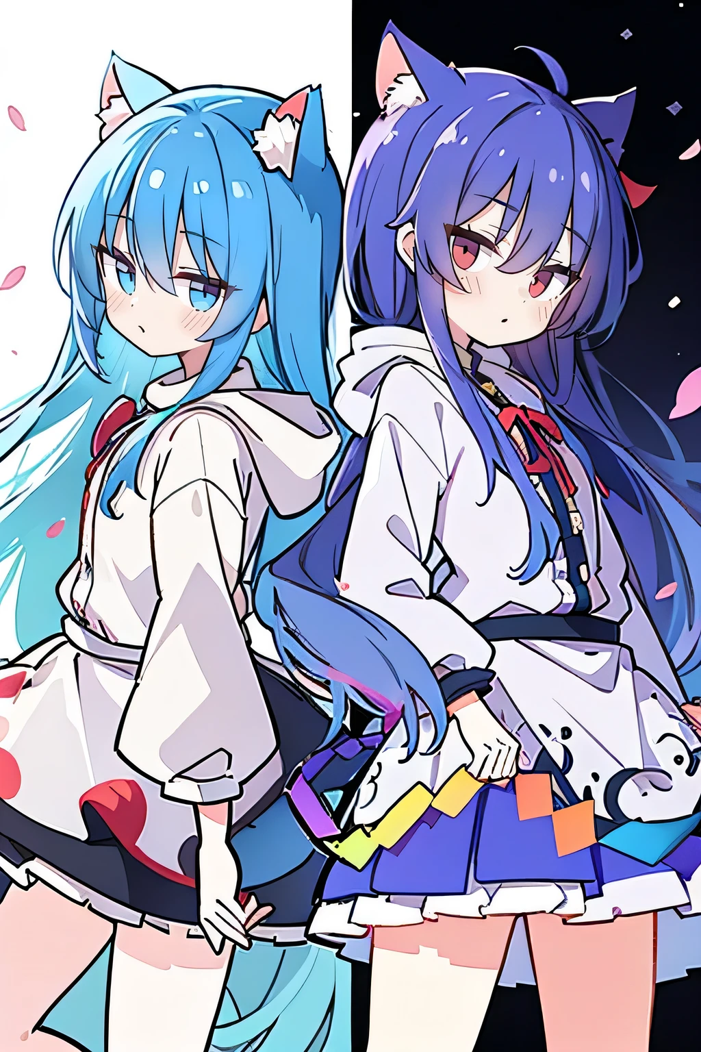 （masterpiece：1.2），Super detailed，lifelike，Expressive eyes，fair skin，perfect face shape，1 girl，
Japanese comics,Gorgeous blue hair,flowing blue hair,flowing clothes,Cat ears,Petals fall,beautiful lola,Baby Angel,
Shaking head with one hand，Cross your legs，Gentle and peaceful background，The pavilion is cool and comfortable,smile, wearing hoodie, background of tokyo,back views,snowing, winter.