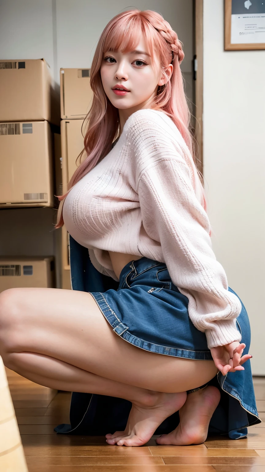 Ultra-detailed、High resolution、Transcendental beauty highest quality、Detailed Background、Gymnasium Warehouse、Magimix Real、(Raw photo:1.2)、(Photorealistic:1.4)、Makima、25-year-old female、(High tone cherry pink hair)+(Long braided hair)+(bangs)、(Yellow Eyes)、Huge breasts that look like they might burst、Big thighs,Beautiful details And a delicate expression、((I can see your pants))(Crouching panty shot)、eyelash、Sparkling eyes、Glossy Lips、Beautiful and fine details、Huge file sizes、、(Japanese girls' high school uniform:1.1))、Very detailed expression、finely、Highly detailed face movie lighting、,Positive、((Dynamic Pose)))、(Open Stance))、(Skirt from bottom to top:1.5), (Blue checkered pleated skirt)、blazer、Sexy upturned eyes, (Spread your legs:1.5), on white mat、Sit on the mat