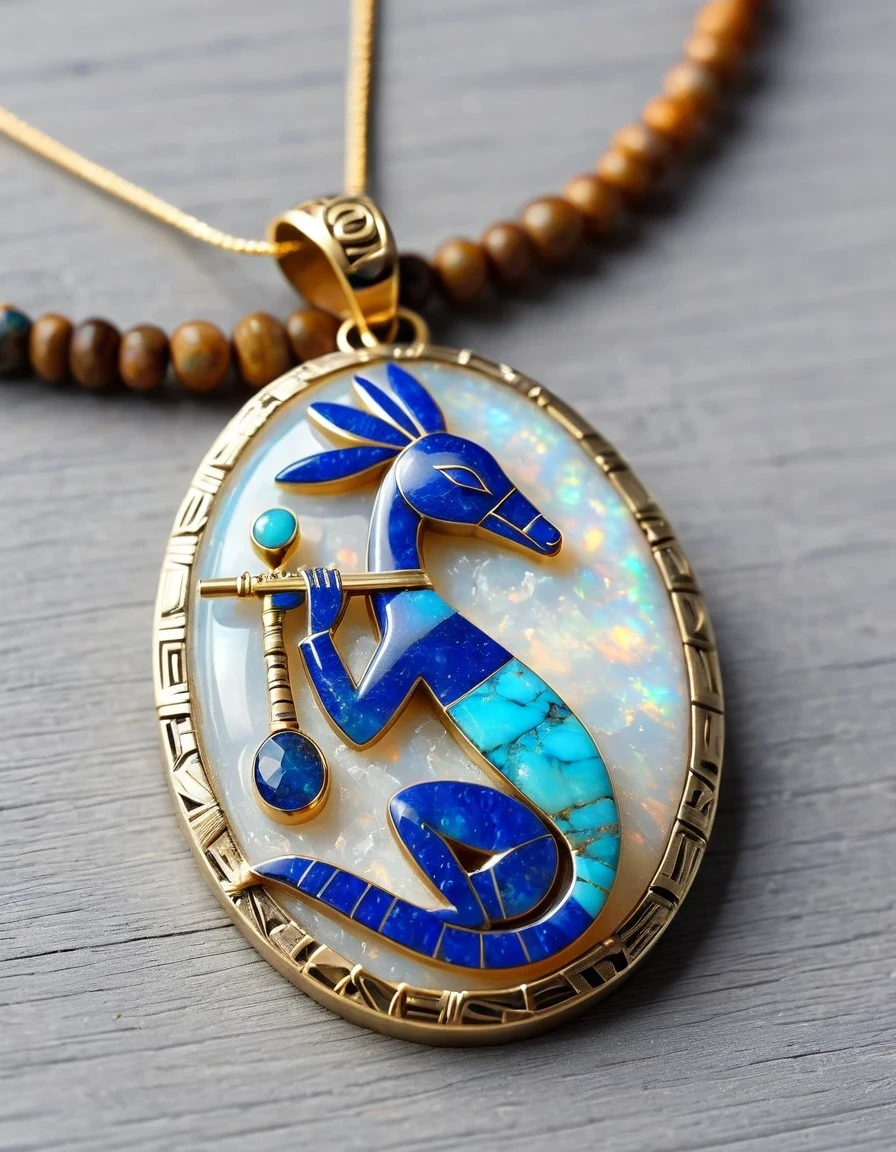 Minimalist pendant design，The body of Kokopelli, the flute-playing rain god, is an oval opal stone.，Indian totem rain god Kokopelli，Indian elements，The matching stones are small amounts of lapis lazuli and turquoise，Clams，feather，gem，Retro，Old，Soft Light