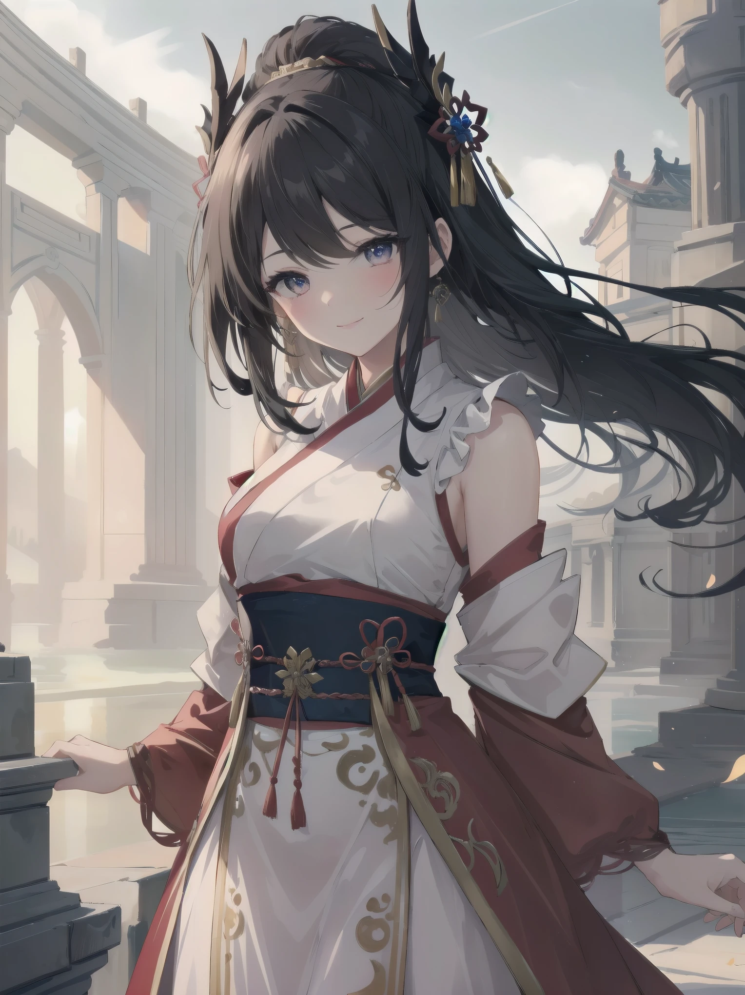 Masterpiece, Top Quality, One Girl, Solo, Arafi girl in red dress, Korean pole arm adorned on back, Unreal Engine render + Goddess incarnate, Korean MMO, Inspired by Lam Qua, Bewitching look 16K, Female character, Smiling girl character,. Warrior costume, Inspired by Li Mei-shu, 16K detail fantasy, 16K character detail