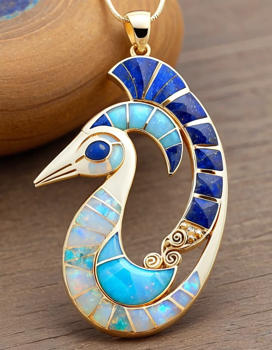 Minimalist pendant design，The body of Kokopelli, the flute-playing rain god, is an oval opal stone.，Indian totem rain god Kokopelli，Indian elements，The matching stones are small amounts of lapis lazuli and turquoise，Clams，feather，gem，Retro，Old，Soft Light